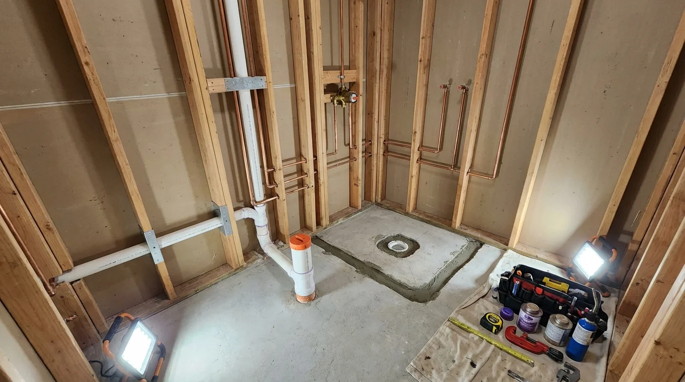 Bathroom rough-in plumbing during remodel by Johns Plumbing LLC in East Orange
