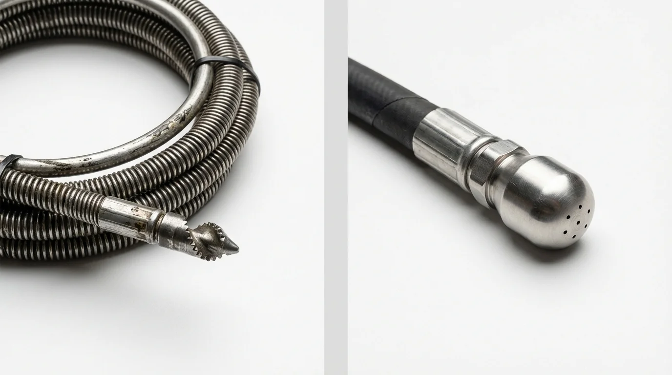 Drain snake cable and hydro jetting nozzle used for drain cleaning in East Orange, NJ