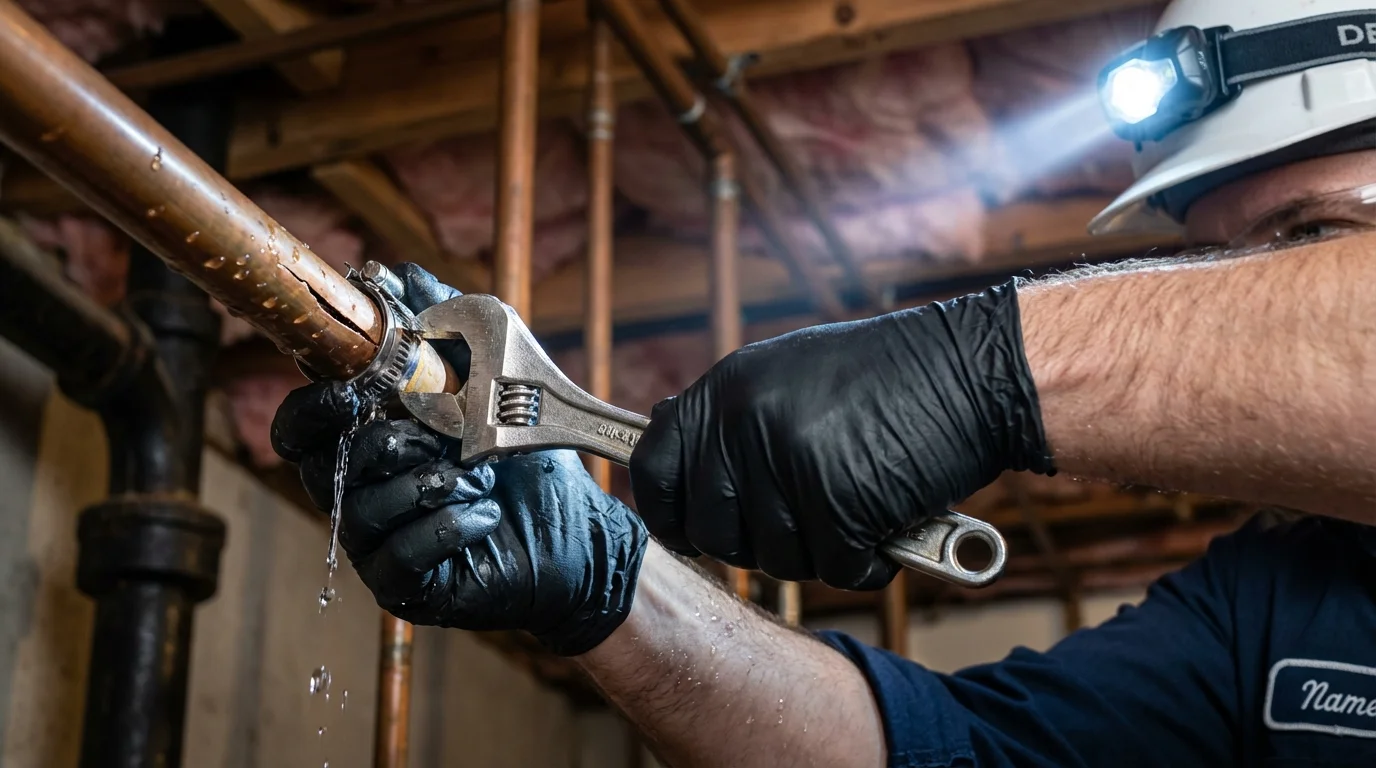 Emergency pipe clamp repair being performed by a Johns Plumbing LLC plumber in East Orange