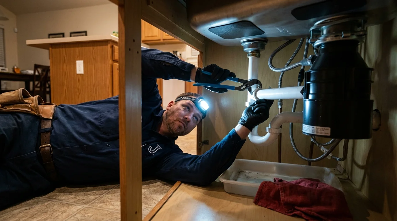 P-trap and supply line connections under a kitchen sink showing a common leak point in East Orange, NJ